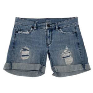 Ann Taylor Loft Denim Jean Shorts Light Wash Distressed Roll Cuff Casual Sz 26/2